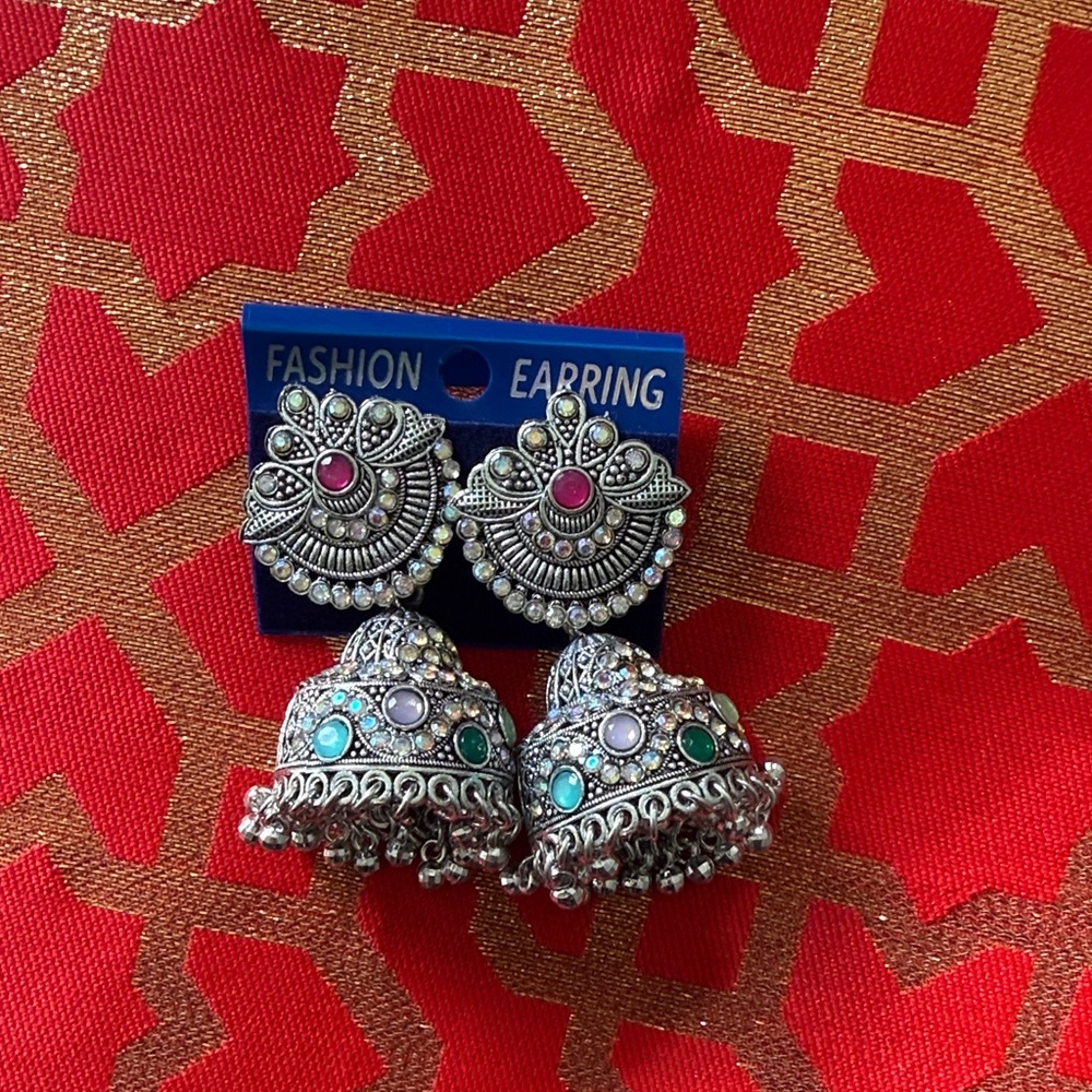 Silver Jumka Earrings with Pink and Blue Accents